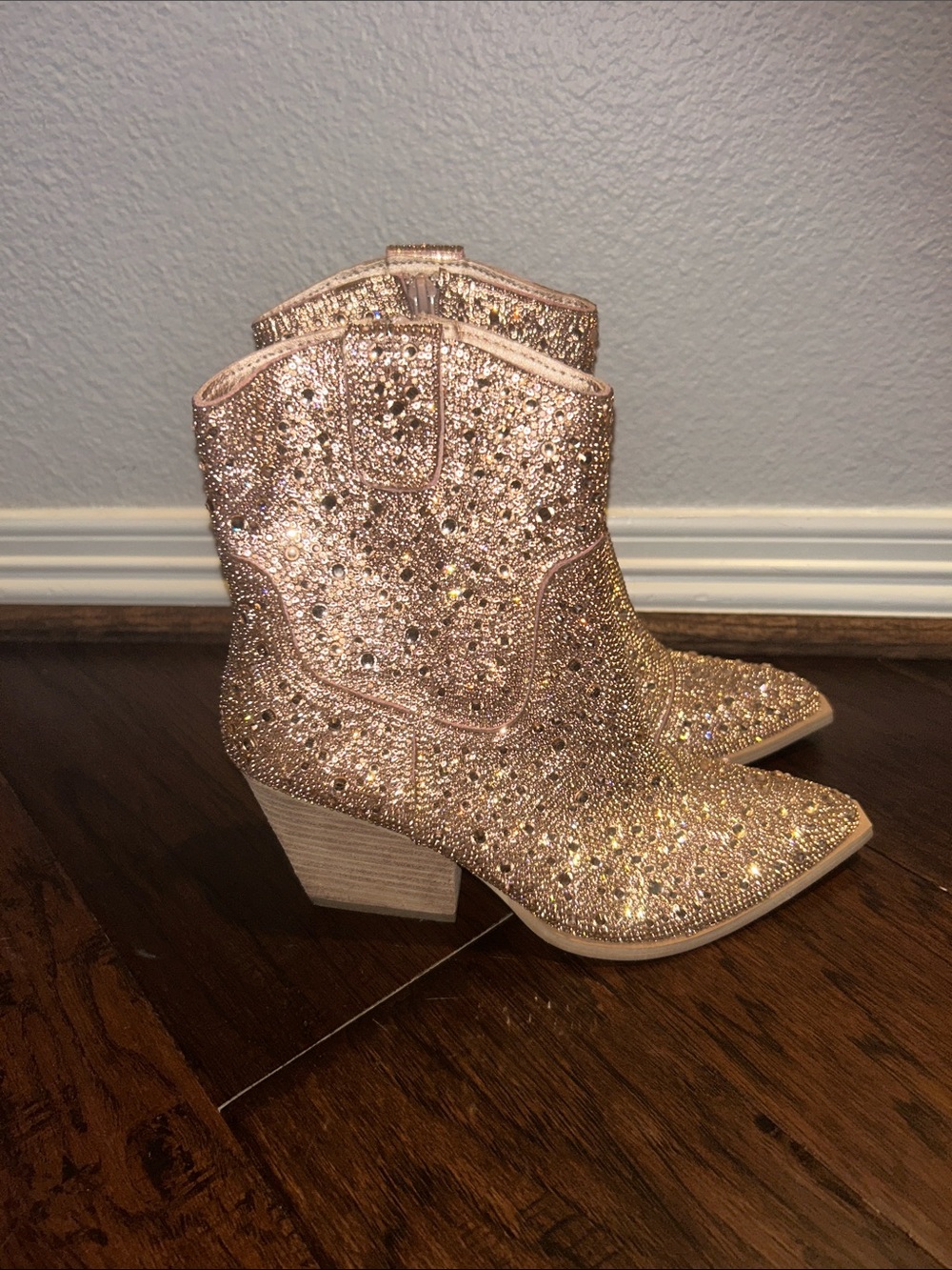 Rose Gold Glitter Crystal Western Ankle Boots - Liliana